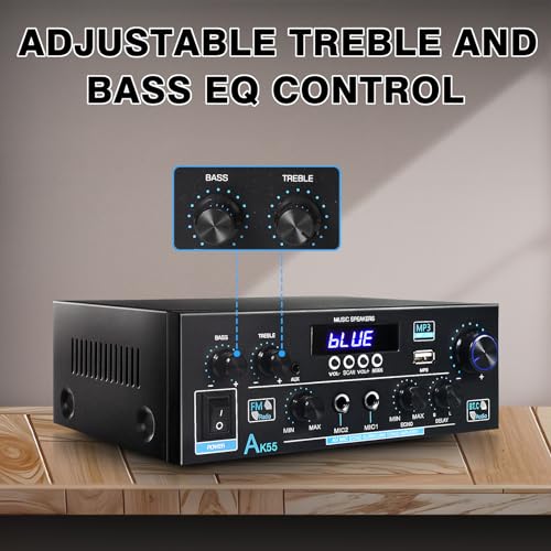 Woopker AK55 Bluetooth 5.0 Amplifier Home Audio,2.0 Channel Max 450W Power Stereo Amplifier Receiver w/USB/AUX/RCA/Echo/2 MIC in for Home Theater Speakers, Karaoke, Party, Home AMP w/Remote Control - Thumbnail 7