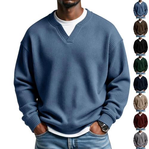 Mens Waffle Long Sleeve Shirt Layered Casual V Neck Pullover Top | Fake 2 Piece, Winter Fall Sweatshirts, 2026 Trendy, Holiday, Work, Comfy, Soft, Lightweight, Novelty, Blue - image 1