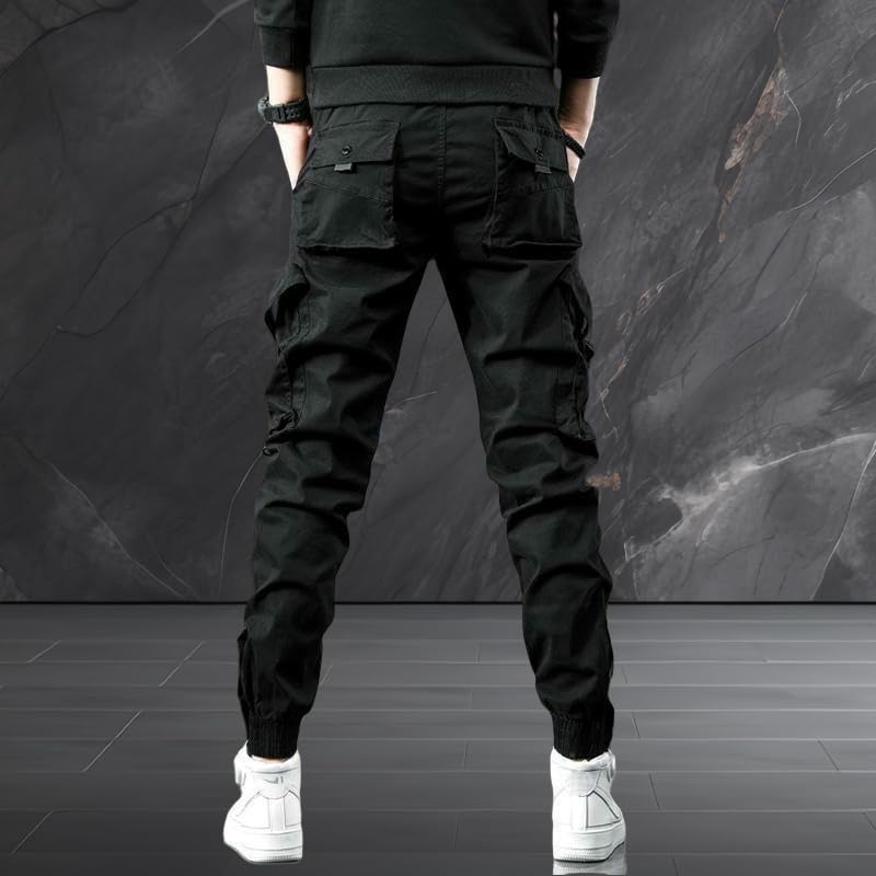 Men's Spring Autumn Slim Fit Cuffed Hem Stylish Multi-Pocket American Style Black Cargo Pants Skinny Leg4