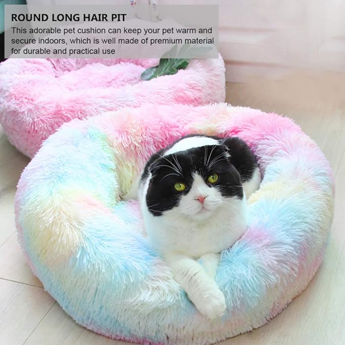 Image of ZEXSAZONE Winter Calming Dog Bed & Cat Bed for Indoor Cats Medium Size Washable Anti-Slip Anti-Anxiety Donut Mat for Small Dogs & Fluffy Plush Cozy Round Dog Bed (Small Rainbow)