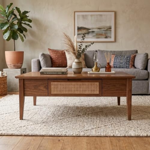 Image of Solid Sheesham Wood Coffee Table & Center Table for Living Room with Rattan Cane Lift-Down Shutter & Open Shelf, Solid Wooden Teapoy for Sofa with Storage | Tea Table (D-Honey)
