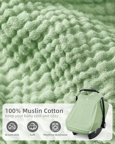 Image of Rquite Car Seat Cover Baby Girl Boy, 100% Muslin Cotton Carseat Covers, Breathable Infant Windproof Canopy with Mesh Window, Stroller Sun Shade for Summer & Hot Day, Sage Green