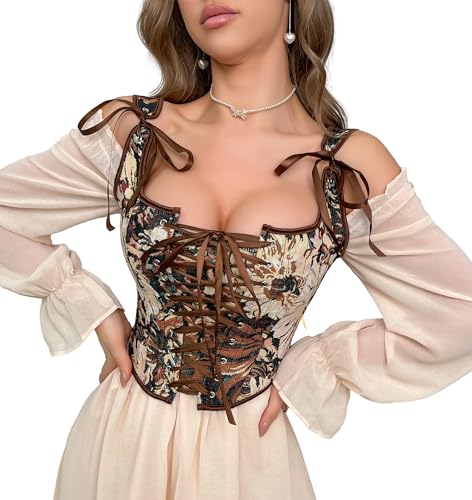 XuoAz Renaissance Floral Corset Tops for Women - Vintage Lace Up Bustier Overbust Lingerie Going-Out Tops