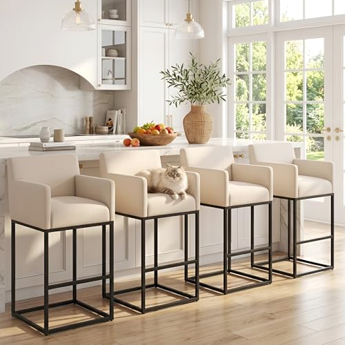 Image of HNY Modern Counter Height Bar Stools Set of 2, Linen Fabric Upholstered Bar Stools with Backs, 30 Inch Kitchen Island Stools with Black Metal Frame, Cream