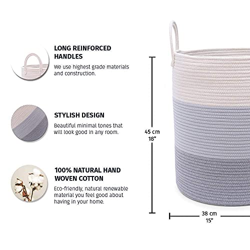 OrganiHaus Gray Nursery Laundry Basket 15x18 | Farmhouse Hamper Basket | Extra Large Storage Basket | Blanket Basket for Living Room | Baby Laundry Hamper | Toy Basket for Kids | Soft Pillow Basket - Thumbnail 2