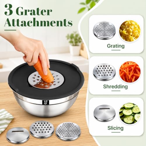 8PCS Mixing Bowls with Lids Set - 5 Nesting Mixing Bowls, 3 Grater Attachments, Lids, Stainless Steel Mixing Bowls for Mixing & Serving, Size 1.5/2.1/3.5/4/4.5 QT, Black - Image 4