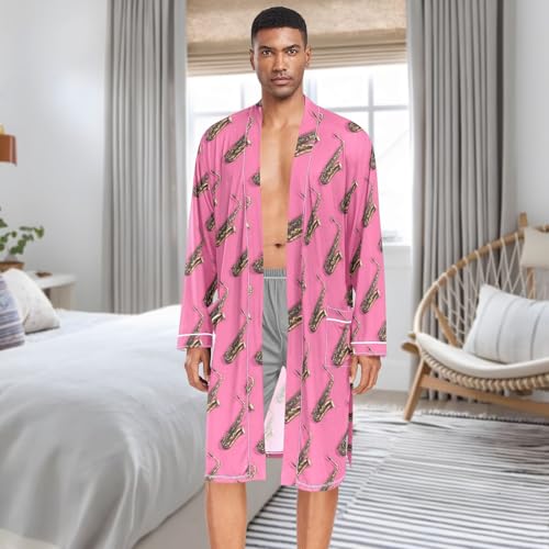 Men’s Robe Pattern Saxophone Print, Long Sleeve Bathrobe for Sleep Shower-M3