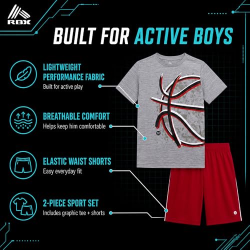 Image of RBX Boys Athletic Shorts Set - 2 Piece Active Performance Graphic Tees and Mesh Gym Shorts for Boys With Elastic Waistband