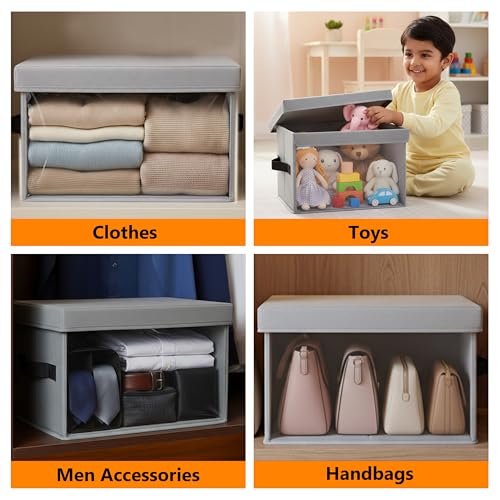 Image of JD Fresh Foldable Cloth Cover Storage Box With Lid /Wardrobe Clothes Organizer /Storage Basket /Space Saving Storage /Collapsible Clothes Organizer /Cupboard Storage Box for Shirts, Pants (Grey Pack of 12)
