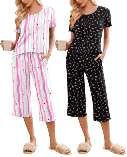 Image of Ekouaer 2 Pack: Women's Pajamas Set Short Sleeve Sleepwear Capri Pants Pjs Soft Loungewear with Pockets