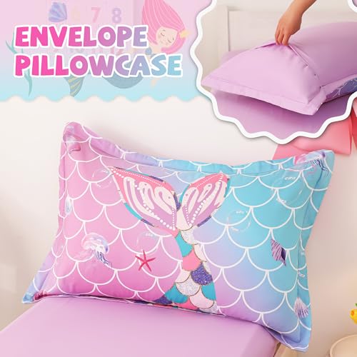 Image of VIVILINEN Toddler Bedding Set for Girls 4-Piece Mermaid Tail Toddler Comforter Sets for Baby Purple Blue Toddler Bed Bedding Baby Bedroom Set, Include Comforter, Flat Sheet, Fitted Sheet, Pillowcase