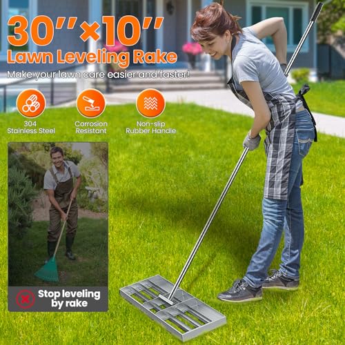 Lawn Leveling Rake, 30” x10”Stainless Steel Lawn Leveler Tool, Ground Leveler for Yard with 78”Adjustment Long Handle, Levelawn Lute for Grass, Golf Field, Garden and Courtyard 2 Lawn Leveling Rake, 30” x10”Stainless Steel Lawn Leveler Tool, Ground Leveler for Yard with 78”Adjustment Long Handle, Levelawn Lute for Grass, Golf Field, Garden and Courtyard - Image 2