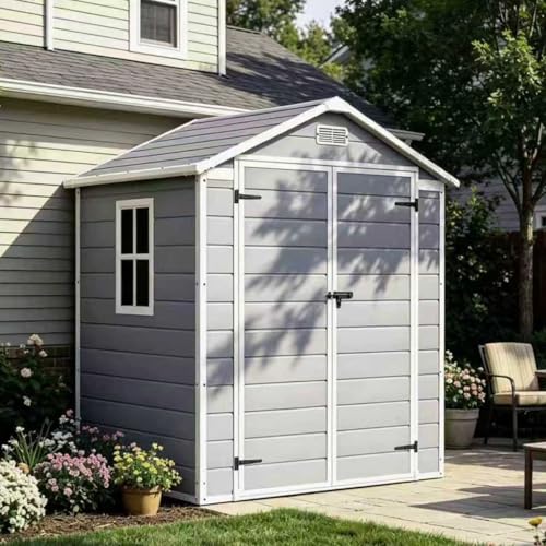 Image of Devoko 6 x 4 FT Plastic Outdoor Storage Shed with Floor, Resin Tool Shed with Window, Outside Waterproof Garden Shed with Lockable Door for Patio, Backyard, Poolside, Light Grey