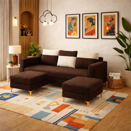 Image of Strikex Dual Tone Plush 5 Seater L Shape Sofa Set with 2 Movable Ottomans| Flexible Layout | Silken Velvet Suede| Golden Metal Legs|for Living Rooms & Office (Cream & Dark Brown)