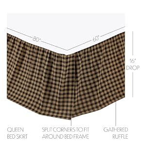 VHC Brands Check Cotton Primitive Split Corners Gathered Queen Bed Skirt Raven Black