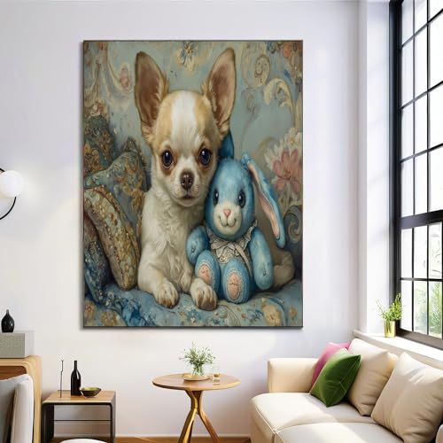 Pintura de chihuahua conejo en lienzo de 60x90cm para decoración de pared moderna