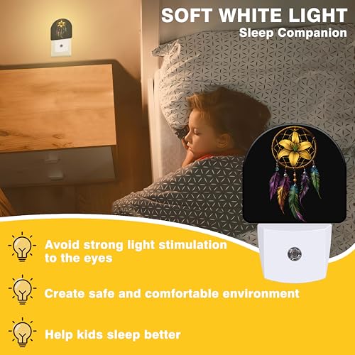 Image of Night Lights Plug into Wall Floral Dreamcatcher Night Light Dusk to Dawn Smart Sensor Decorative Round Led Lamp for Bedroom Kitchen Hallway Nightlight for Women Men