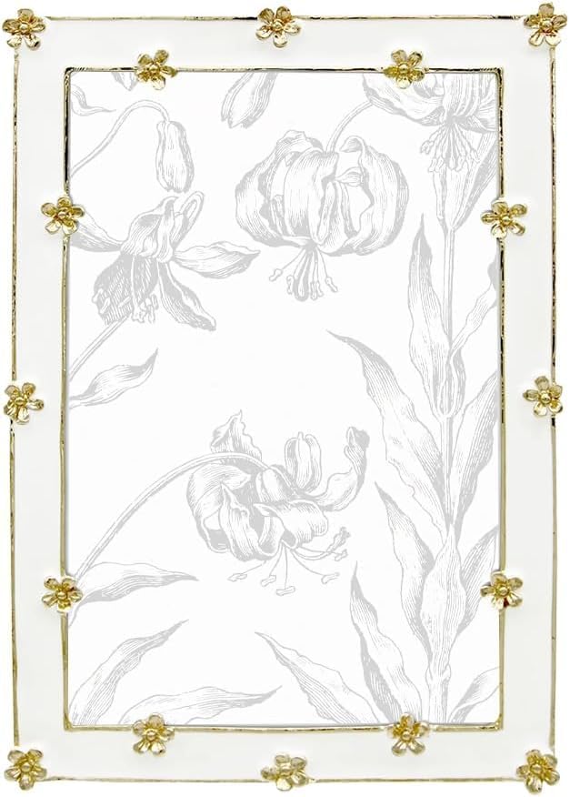 Spring Flower Thin Border Photo Frame / 4x6 In | For Vertical & Horizontal Display on Tabletops | Perfect for Home Decor, Wedding, Graduation, Or Milestone Photos (White+Gold)