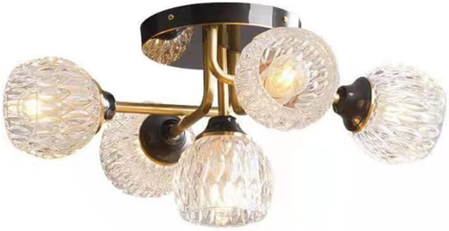 Plafonnier en laiton et verre 5 lumières : luminaire chandelier tout en cuivre