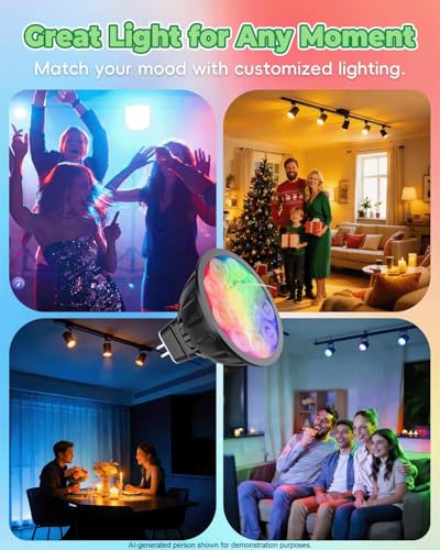 Image of Upgraded Smart WiFi MR16 LED Bulbs Dimmable, RGBW MR16 LED Bulb Color Changing, GU5.3 Bi-pin Base, Multicolor CCT Tunable, Memory Function, Music Sync for 12V Low Voltage Spotlight 4-Pack
