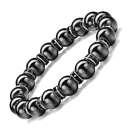 Women's Magnetic Bracelet，Hematite Bracelets，Magnetic Bracelets With Zirconia,Handmade Stretch Magnetic Bracelet，Eliminates static electricity. (Black Zirconia,10MM)