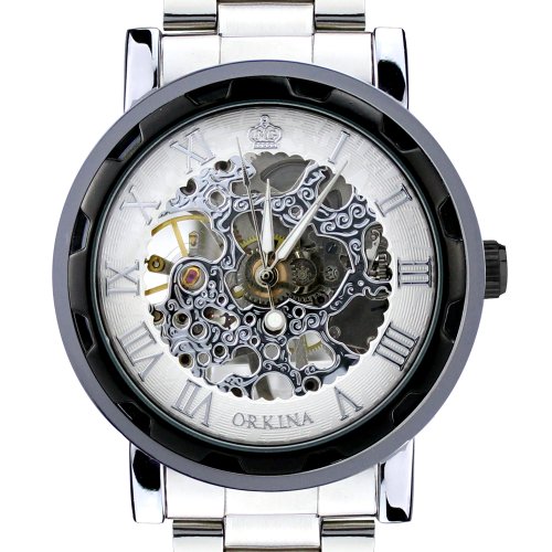 Orkina Mens Classical Black Bazel White Tourbillon Hand-Wind Dial Stainless Steel Wrist Watch