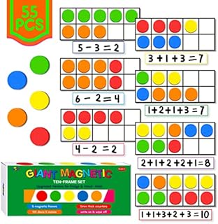SpriteGru Magnetic Ten-Frame Set, Including 5 Frames (no Hollowed Out) and 55 Colorful Discs (Upgraded Version for Fridge & Hand-held)