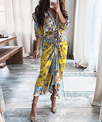 Image of FYEARFOX Women's Button Down Shirt Dress Ruched Split Maxi Dresses Long Sleeve Wrap V Neck Tie Waist Party Clubwear