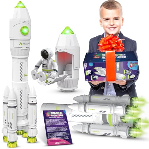 Space Toys for Kids 3-5 6 7 8 Years Old - Space Adventurer Rocket Ship Shuttle Model with Astronaut and Smoke Effect, Lights and Sounds, Outer Space Exploration Playset, Spaceship Toy for Boys Gifts