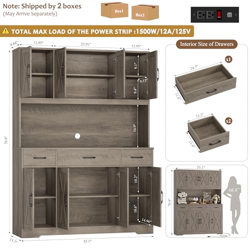 Image of HOSTACK 71 inch Tall Pantry Cabinet with Charging Station, 55 inch Wide Kitchen Pantry Storage Cabinet with Countertop, Large Kitchen Hutch with Storage Drawers and Microwave Stand for Dining Room, Ash Grey
