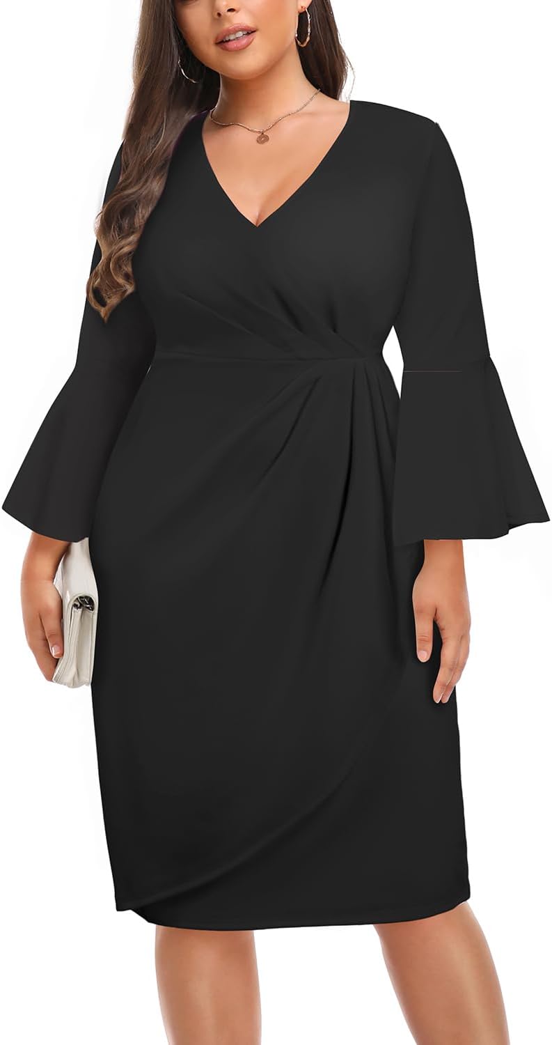 Women Plus Size Work Dress - Semi Formal Wedding Guest Church Business Office Interview V Neck Bell Sleeve Dress