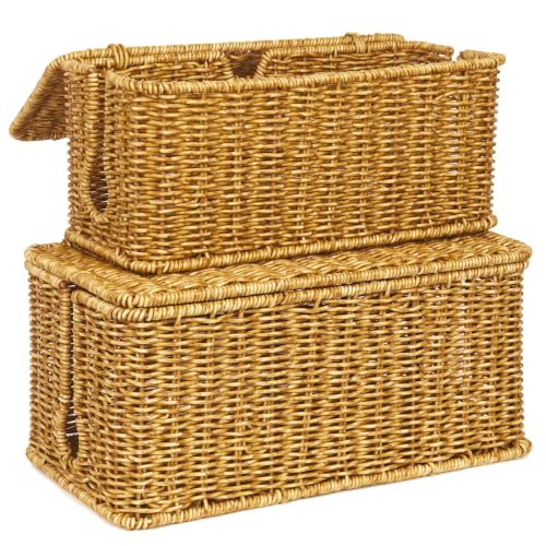 Image of ZhiYo Rattan Cable Management Box, Cord Organizer, Nature, 12.5 inchx5 inchx5.2 inch