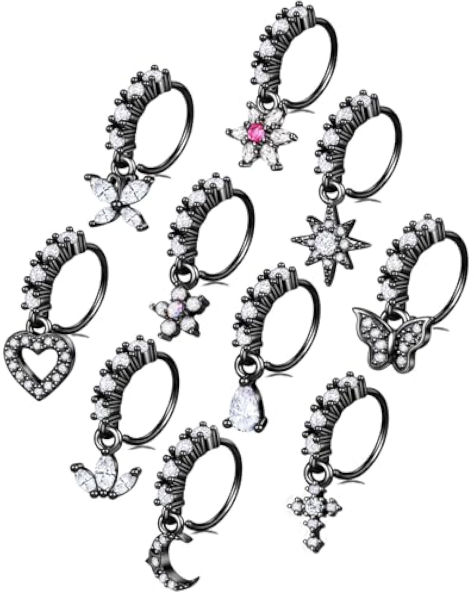 10pcs Dangle Nose Rings with Butterfly & Heart Designs