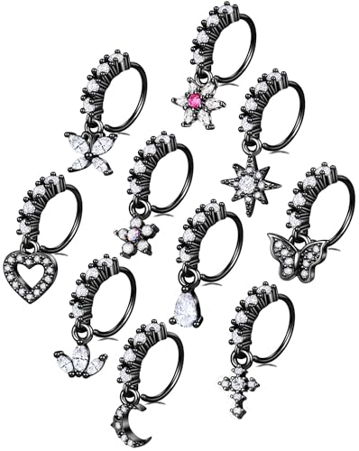 Tornito 10Pcs Dangle Nose Rings Hoop Butterfly Heart Moon Flower Star CZ Cartilage Earring Dangling Nose Body Piercing Jewelry 20G Black Tone