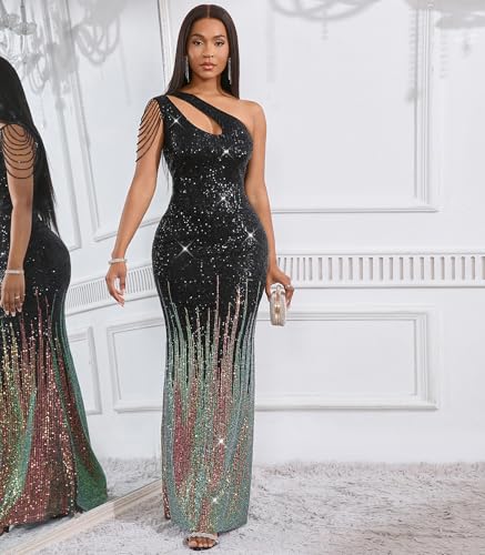Image of Cololura Women Sequin Elegant Sexy One Shoulder Tassel Mermaid Bodycon Cocktail Evening Dress