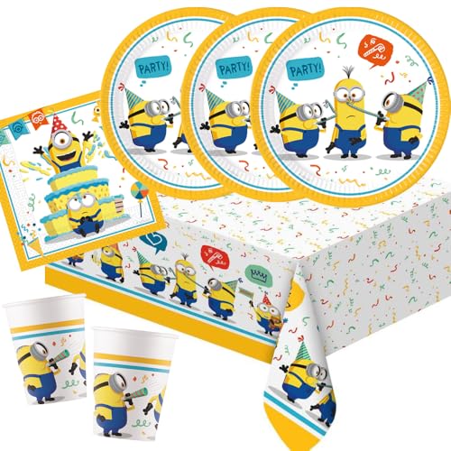 Procos Kit de fête Minions – Rise of Gru, 37 pièces, assiettes en carton, gobelets en carton, serviettes, nappe pour anniversaire d'enfant