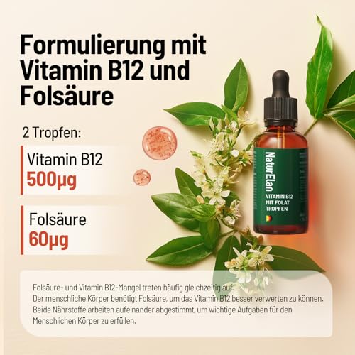 Vitamin B12 Hochdosiert Tropfen - 500µg B12 und 60µg Folsäure pro Tagesdosis, 3 Aktivformen B12 und bioaktive Folsäure, 50ml, Ohne synthetische Zusätze, Vegan, in Deutschland Produziert NaturElan