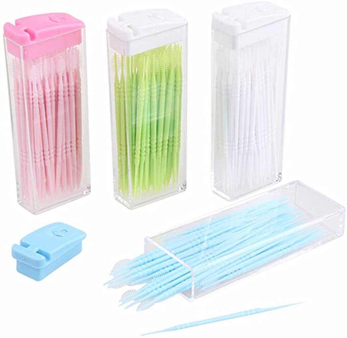 DELFINO 4 boxes Double Head Dental Floss Interdental Toothpick Brush Teeth Stick Dental Oral Care Toothpicks Dental Picks Plastic Toothpick Oral Hygiene Interdental Brush Stick (Random Color)