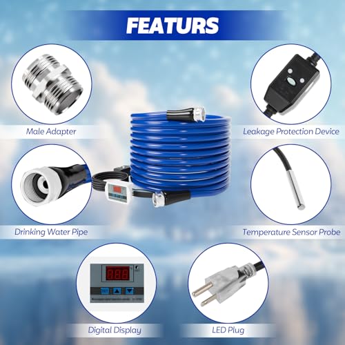Image of 50 FT Heated Water Hose for RV, Heated RV Freshwater Hoses with Fittings, -45 ℉ Antifreeze Drinking Water Pipe, Automatic temperature shut-off for electrically heated Garden hoses, RV Accessories