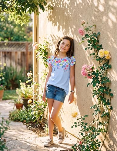 Image of Girls T Shirts Ruffle Short Sleeve Round Neck Loose Blouse Summer Solid Color Casual Girl Tee Tops for 3-12 Years