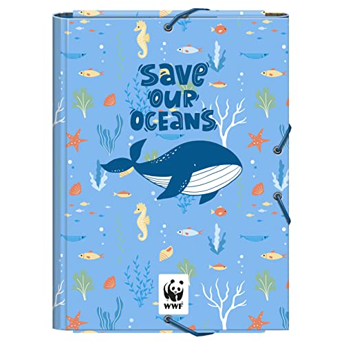 Dohe - Carpeta Escolar Solapas y Gomas - Tamaño Folio 26,5x35 cm, Capacidad 100 Hojas, Tapa Dura de Cartón, Portafolios Vuelta al Cole, Material Escolar - WWF Save Our Oceans