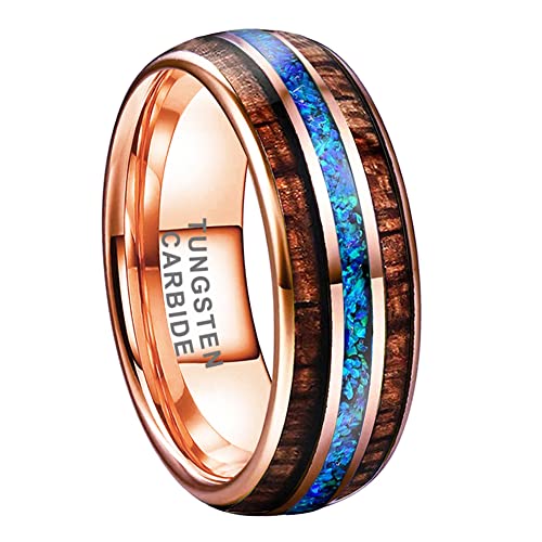 8mm Silver/Black/Gunmetal/Rose Gold Tungsten Rings for Men Women Engagement Wedding Bands Koa Wood Blue Opal Inlay Domed I Love You Engraved Comfort Fit