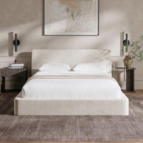 Image of RECCI AirFrame Queen Bed Frame with Ergonomic Angled Foam Cushioned Headboard, Minimalist Design Platform Bed Frame, No Box Spring Needed, Easy Assembly (Beige Chenille)