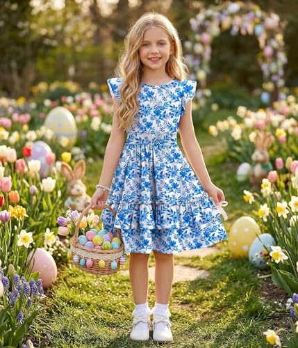 Image of Arshiner Girls Dresses Flutter Sleeve A-Line Sundress Casual Summer Tiered Swing Midi Pocket Dress