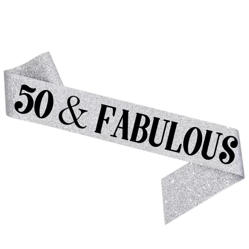 50th Birthday Sash, Age 50 Fabulous Sash, 50th Sash, Luxury Sparkling Glitter Gold or Silver Happy 50th Birthday Sash, 50th Birthday Decorations. (Silver)