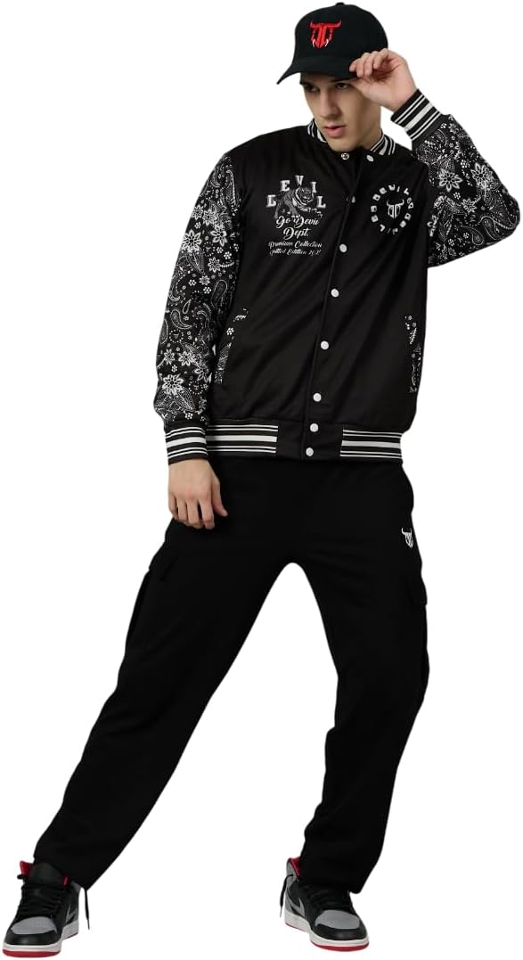 Go Devil Men's Tiger Printed Varsity Bomber Jacket with Button Closure Comfortable Stylish Outerwear for College and Travel