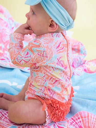 Image of RuffleButts Baby Girls UPF 50+ Sun Protection Floral Printed Long Sleeve One Piece Rash Guard Swimsuit with Zipper
