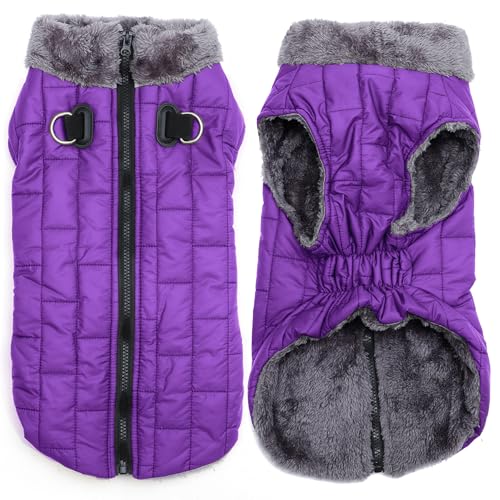 JoyDaog Warm Fleece Dog Coats with Durable Harness Buitl in D-Ring,Waterproof Puppy Jacket for Small Dogs,Dog Vest for Cold Winter,Purple M by JoyDaog - Used condition - US$22.86