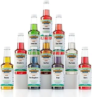 Hawaiian Shaved Ice Syrup Assortment with 10 - 16oz Bottles, Flavors include Cherry, Grape, Blue Raspberry, Tiger’s Blood, Lemon-Lime, Pina Colada, Strawberry, Banana, Root Beer, and Watermelon