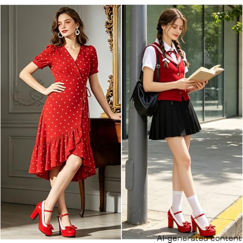 Image of FOREADA Lolita Bow Platform High Heel Women Rockabilly Mary Jane Dress Pump | Boasts soft kawaii retro vintage lolita tea party aesthetic, with block heel ,bow, round toe versatile style for dress wear